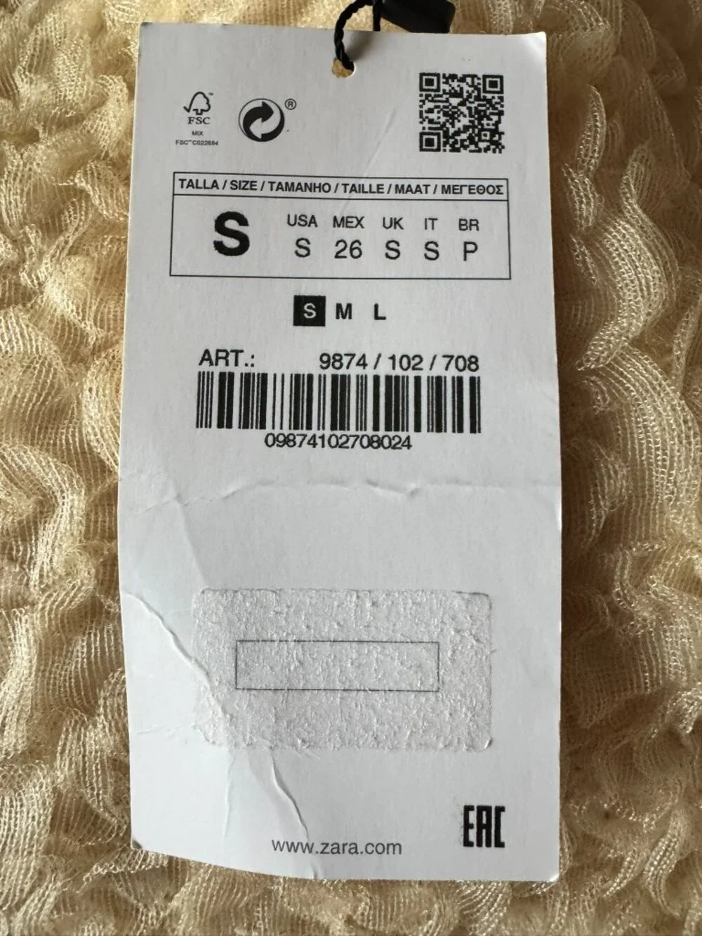 ZARA Crinkle Long Sleeve Crop Top – Boat Neck – Semi‑Sheer – NWT – Size S